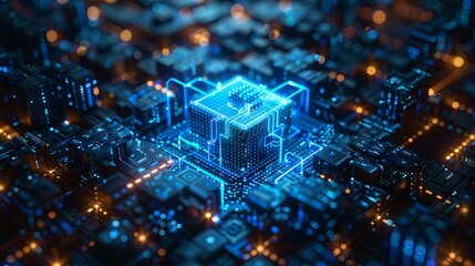 Obraz premium Glowing Blue Cube at the Heart of a Futuristic Circuit Board