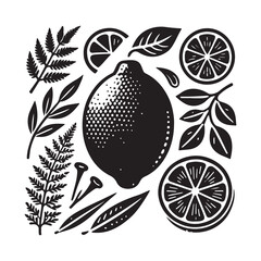 Lemon Silhouette Vector Illustration, Solid White Background.