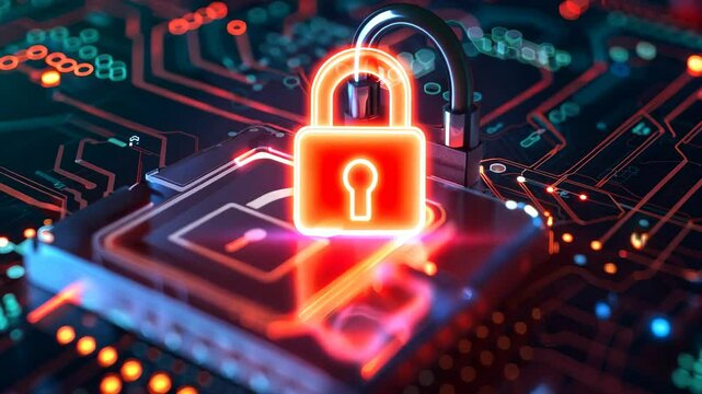 Glowing padlock icon on detailed circuit board symbolizes cybersecurity and datprotection, tech and datprivacy themes in marketing or presentations.
