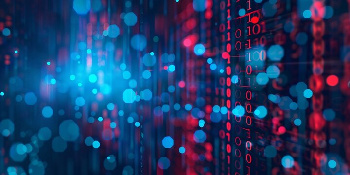 Blue and Red Digital binary code flowing across a technology background