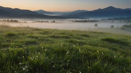 Obraz premium Soft, Misty Meadow At Dawn, With Dewdrops Sparkling On Blades Of Grass And Distant Mountains Barely Visible Through The Fog