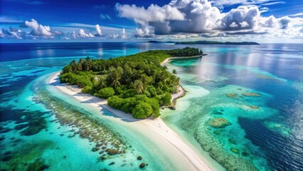 Obraz premium Aerial view of Paradise Island with white sandy beaches and crystal-clear turquoise waters surrounding it surrounded by lush greenery and vibrant coral reefs, marine life, ocean scenery