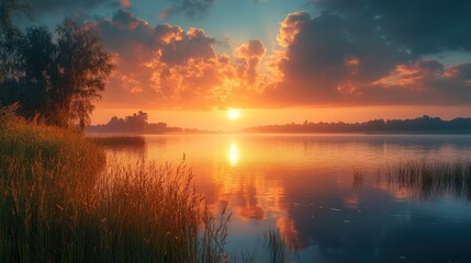 Obraz premium Sunset over calm lake, fiery clouds reflected.