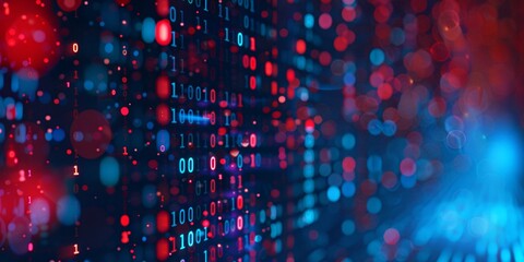 A sleek blue and red technology background overlaid with binary code.