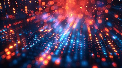 Obraz premium Abstract Digital Data Stream with Red and Blue Glowing Numbers and Bokeh