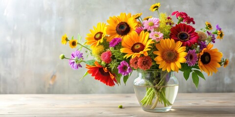 Obraz premium Freshly picked bouquet of colorful sunflowers, zinnias and cosmos flowers arranged in a elegant vase, garden, fresh, garden