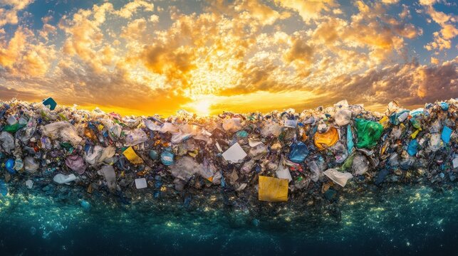 A panoramic aerial scene of the Great Pacific Garbage Patch, featuring dense layers of colorful plastics and foamy organic residues floating under a golden sunset