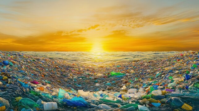 A panoramic aerial scene of the Great Pacific Garbage Patch, featuring dense layers of colorful plastics and foamy organic residues floating under a golden sunset