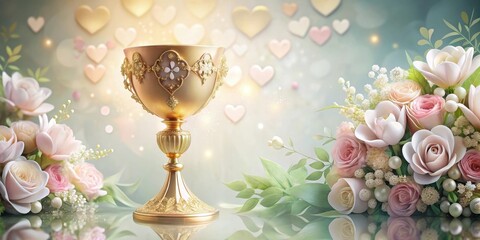 First communion chalice surrounded by delicate floral heart decoration with soft pastel colors and intricate details, sacred ritual, chalice