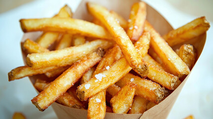 Golden crispy fries in cone, sprinkled with salt isolated design on white background