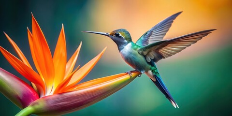 Fototapeta premium Flying hummingbird perched on Strelitzia flower petals with outstretched wings in mid-air , motion, feathers, motion, feathers