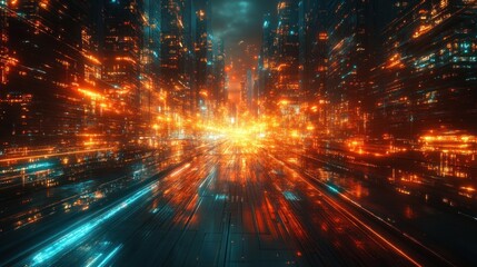 Obraz premium Futuristic city street, vibrant orange and blue lights.