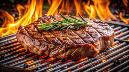 Juicy beef steak sizzling on the grill with smoky aromas and a hint of char , grilled, savory,  grilled, savory, grill marks , aroma