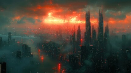 Fototapeta premium Futuristic city skyline, fiery sunset, shrouded in fog.