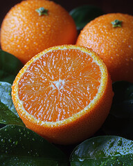 Fresh orange fruit with vibrant color and green leaves, showcasing juicy texture