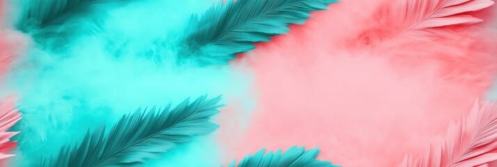 Pink and turquoise feathers with colorful misty background