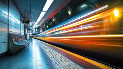Fototapeta premium A dynamic subway scene with a train in motion, showcasing speed and urban life.