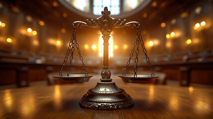 Scales of Justice on a blurred Court Hall background symbolizing law, fairness, and balance in the judiciary system with a golden-silver glow representing wisdom and truth