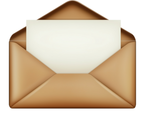 An open brown envelope with a blank white paper, isolated on a transparent background