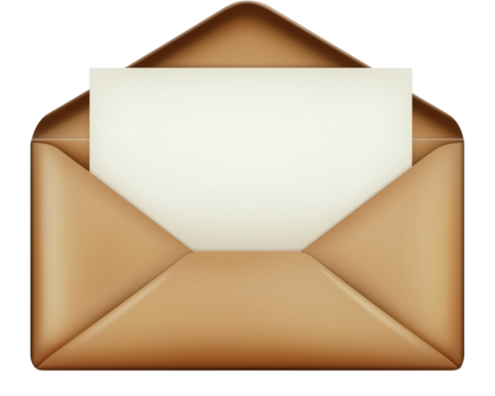 An open brown envelope with a blank white paper, isolated on a transparent background