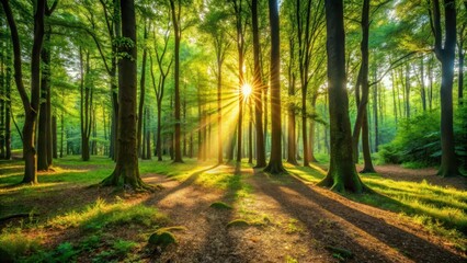 Fototapeta premium A serene forest bathed in warm sunlight filtering through the canopy above