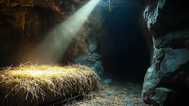 A ray of light shines on a manger in a cave.