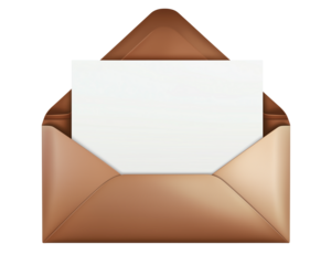 An open brown envelope with a blank white paper, isolated on a transparent background
