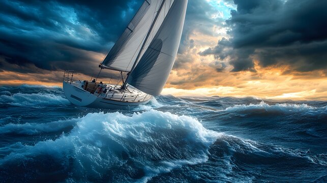 A sailboat navigating through rough seas under dramatic stormy skies