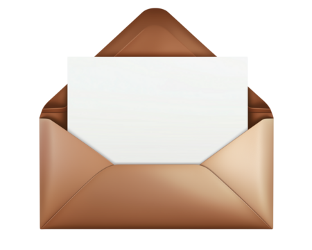 An open brown envelope with a blank white paper, isolated on a transparent background
