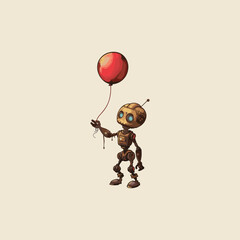 Tiny robot holding Red balloon design vector template illustration