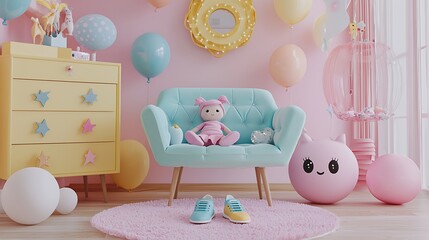 A pastel pink girls room features a doll and balloons