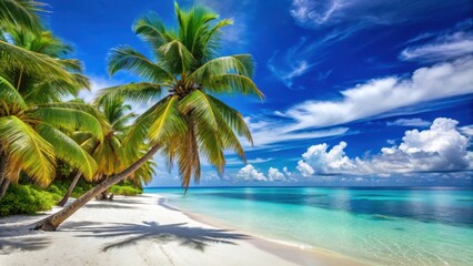 Obraz premium Palm trees and white sandy beach with clear blue waters , island, blue, island, blue