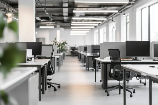Modern empty office interior with workstations, computers, and chairs.