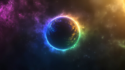 Solar eclipse overlay effect neon blue, yellow, green, purple blazing star edge behind planet in dark sky. Eclipser. Illustration