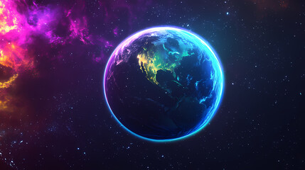 Obraz premium Solar eclipse overlay effect neon blue, yellow, green, purple blazing star edge behind planet in dark sky. Eclipser. Illustration