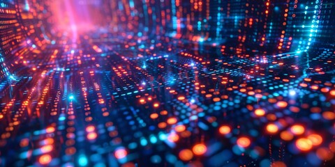 Fototapeta premium Binary code streams through a futuristic tech background..