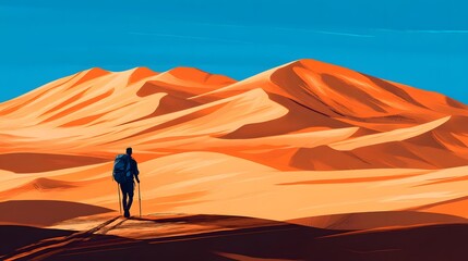 A traveler with a backpack trekking across a desert with endless dunes