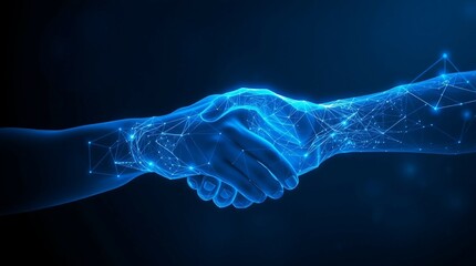 futuristic digital handshake concept with glowing polygonal connections in a technology-inspired design