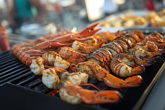 Grilled lobster and shrimp on a barbecue. Perfect for summer menus, seafood recipes, and BBQ themes.