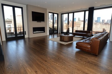 Dark stained hardwood floors in a modern living room. Perfect for showcasing luxury homes, interior design, or real estate listings.