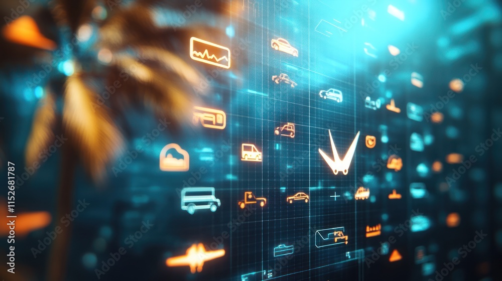 Poster Digital interface with vehicle icons and data visualizations against a tech-inspired backdrop.
