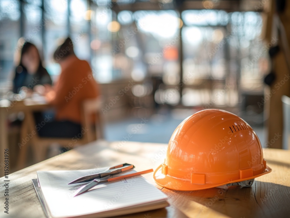 Fototapete an orange construction helmet and tools on a table in a workspace with people in the background.