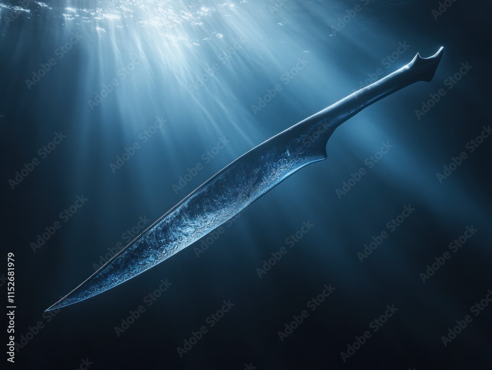 Poster a sharp, metallic sword suspended underwater, illuminated by soft, ethereal light.
