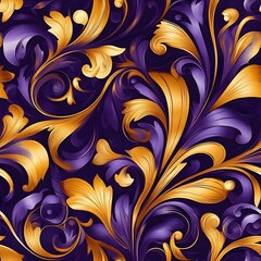 Luxurious baroque-style illustration featuring golden ornate swirls and curves intricately designed on a rich royal purple background, evoking elegance, sophistication, and timeless artistry.