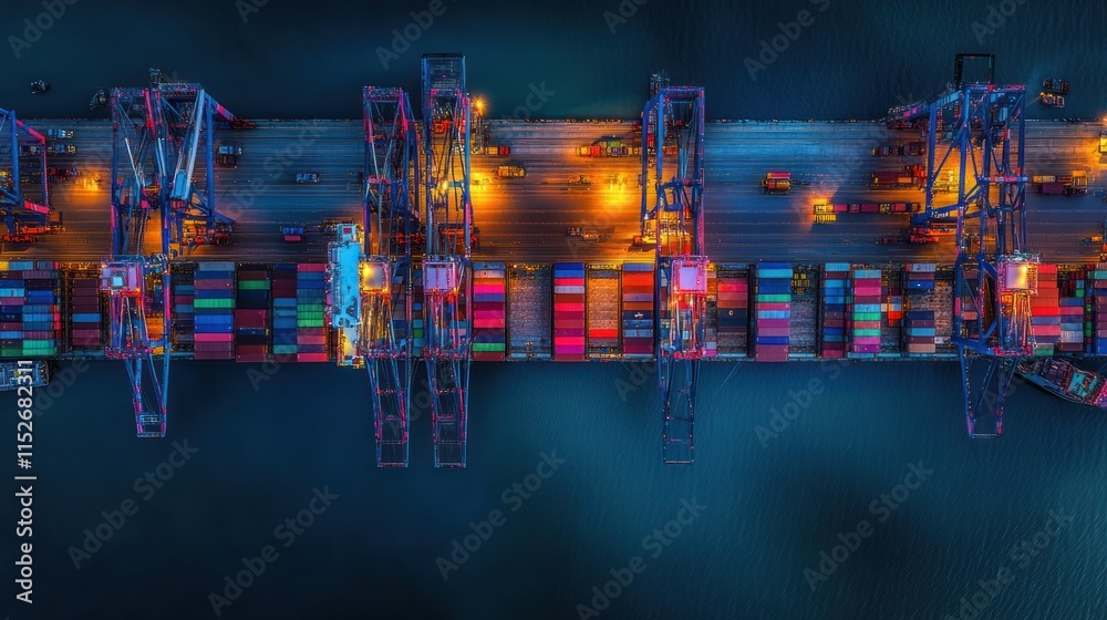 Poster Aerial view of a bustling shipping port with colorful containers and cranes at night.