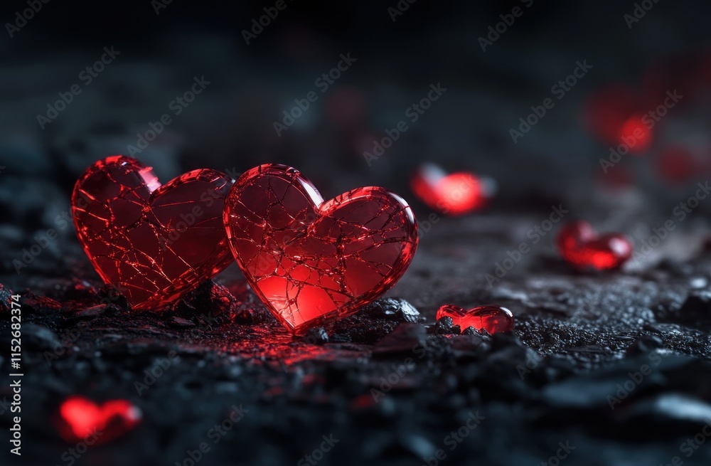 Poster two cracked red heart-shaped objects on a dark surface with glowing red accents.