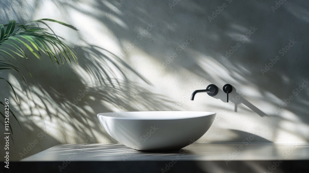 Poster a modern bathroom sink with a sleek design, surrounded by soft shadows and greenery.