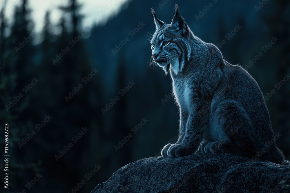 Poster a lynx sits majestically on a rock in a dimly lit forest, showcasing its striking features.