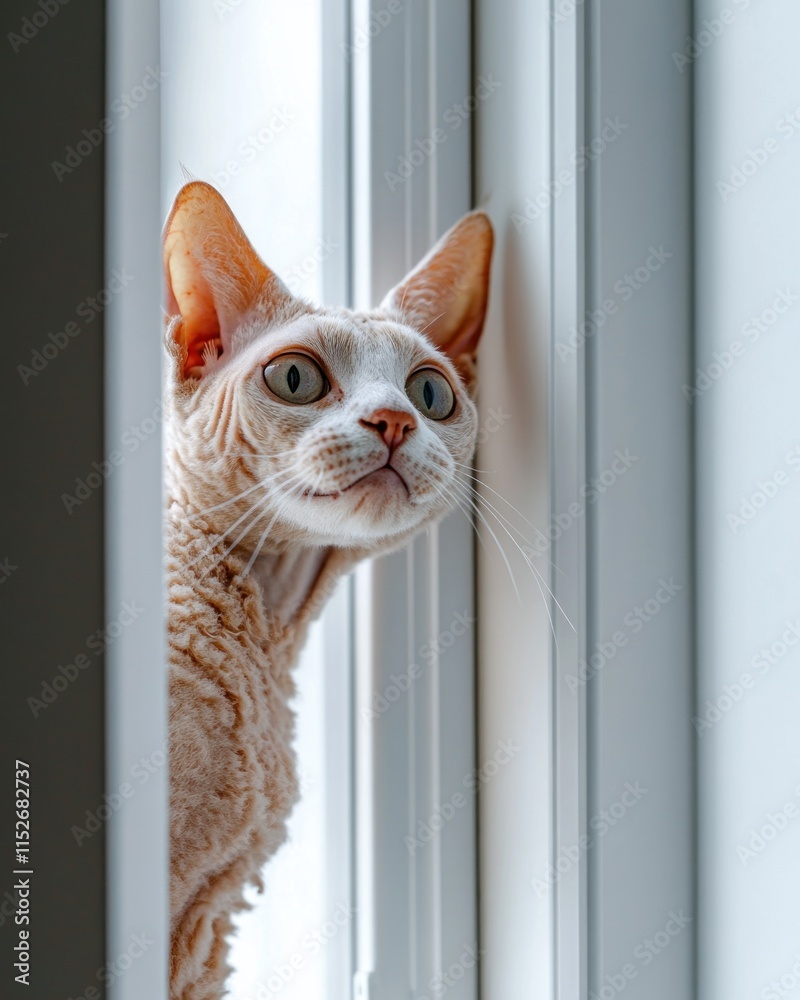 Aufkleber a curious cat peering through a narrow space between two window frames.