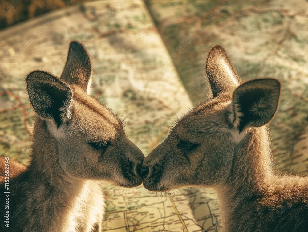 Aufkleber two kangaroos touching noses on a map, symbolizing connection and exploration.